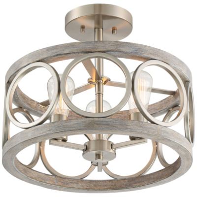 Semi Flush Mount 16" Wide Brushed Nickel Gray Wood 3-Light LED Salima Rustic Farmhouse Ceiling Light