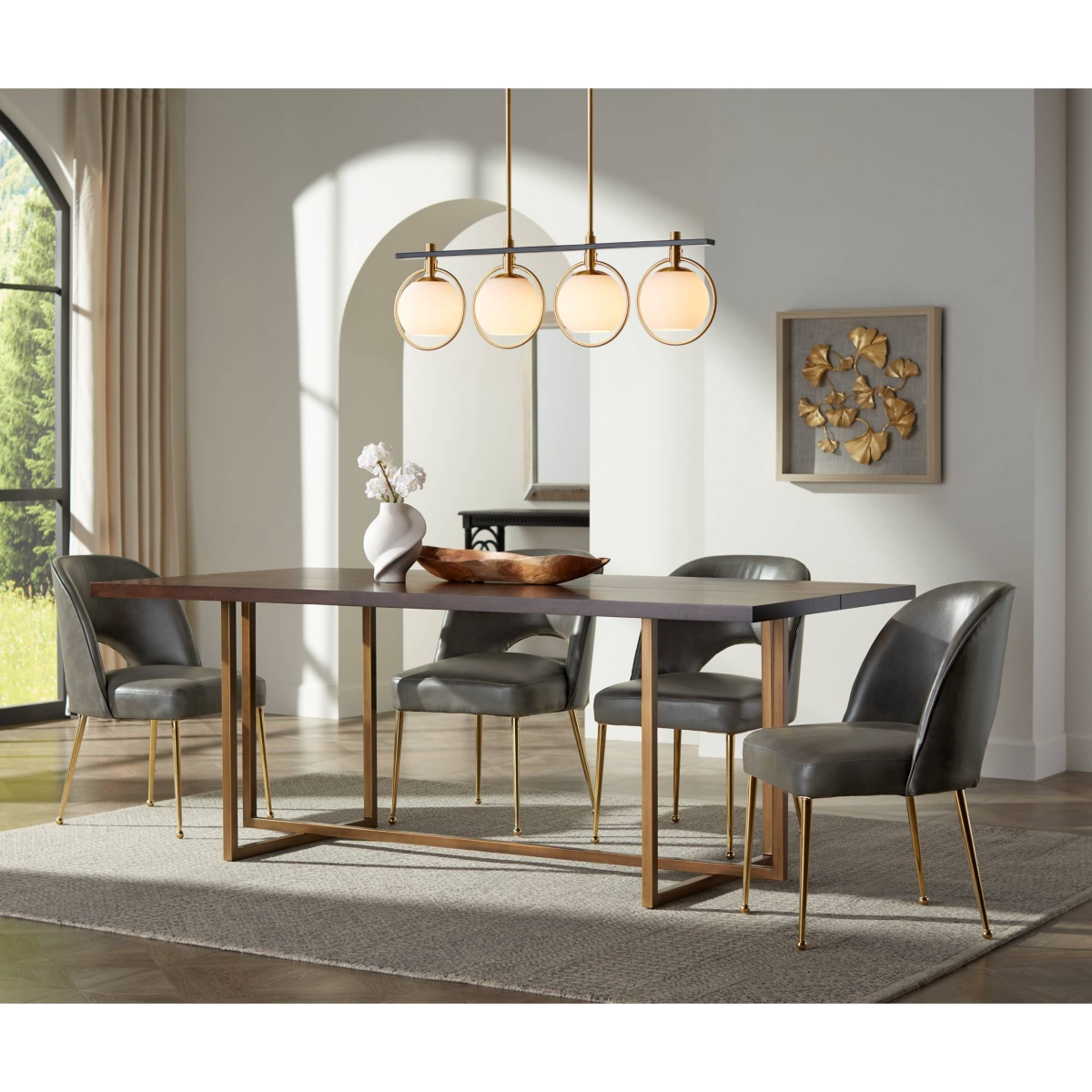 Possini Euro Design Carlyn Antique Brass GoldMetal Linear Island Pendant Wide Mid Century Modern White Glass Globe Shades Led 4-Light Fixtu