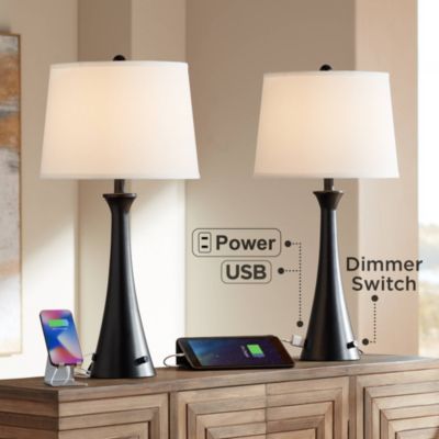 Karl Modern Table Lamps 28 1/4" Tall Set of 2 Black Metal with USB and AC Power Outlet in Base White Drum Shade for Bedroom Living Room