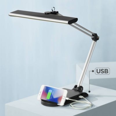 Flynn Modern Desk Lamp 25" High Metallic Black Silver with USB Charging Port Phone Cradle Adjustable Swivel LED for Living Room Office