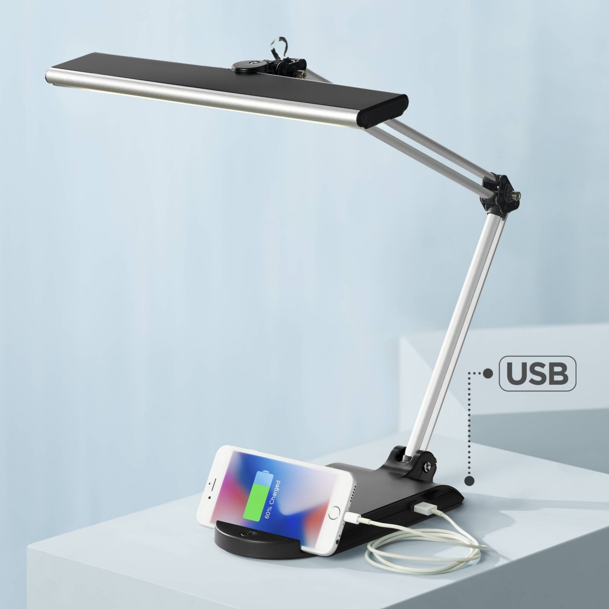 Flynn Modern Task Desk Lamp with Usb Charging Port and Phone Cradle Led High Metallicand Silver Adjustable Swivel for Bedroom House Bedside