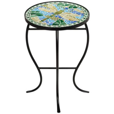 Dragonfly Scene Black Metal Round Outdoor Accent Side Tables 14" Wide Set of 2 Blue Mosaic Tile Tabletop Gracefully Curved Legs Spaces Porch Patio Home House Balcony Deck Shed - Teal Island Designs