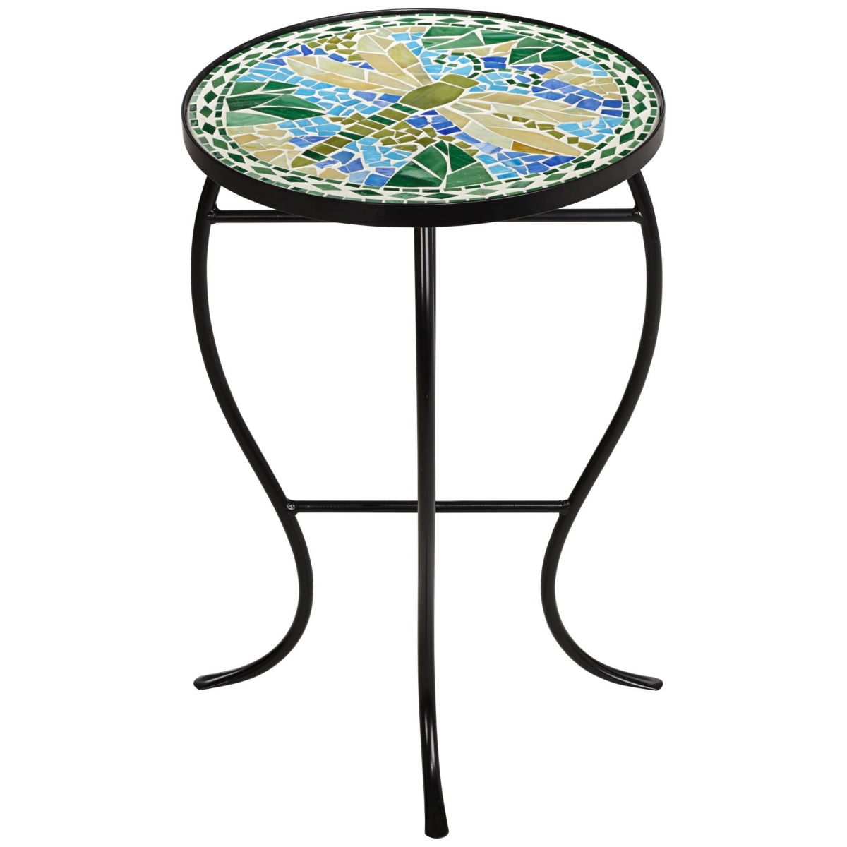 Dragonfly Scene Black Metal Round Outdoor Accent Side Tables Wide Set of 2 Blue Mosaic Tile Tabletop Gracefully Curved Legs Spaces Porch Patio Hom