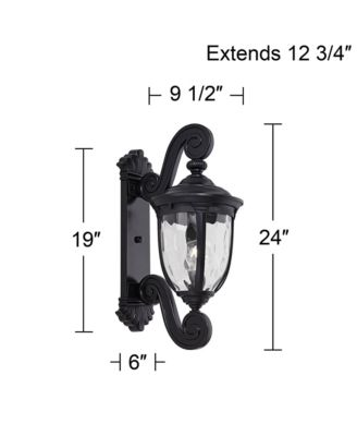 Bellagio Vintage Outdoor Wall Light Fixture Texturized Black Dual Scroll Arm 24" Clear Hammered Glass for Post Exterior Barn Deck Home