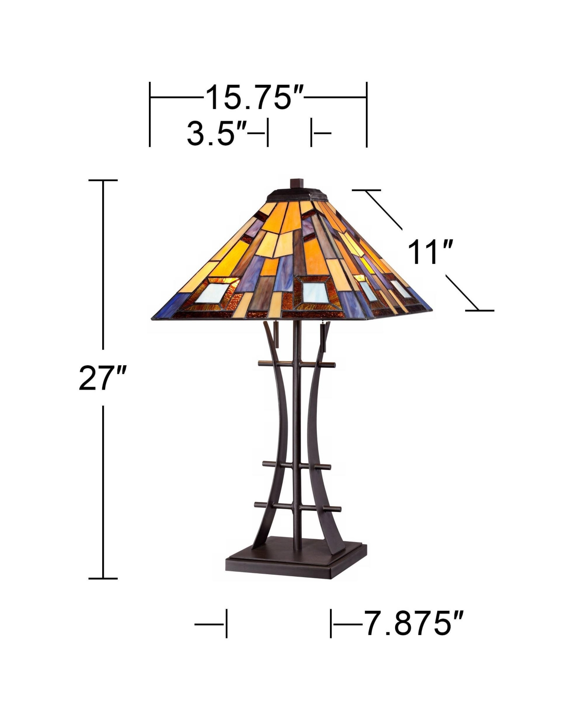 Jewel Tone Mission Tiffany Style Table Lamp Tall Iron Bronze Geometric Antique Stained Glass Art Shade Decor for Living Room Bedroom House Bedside