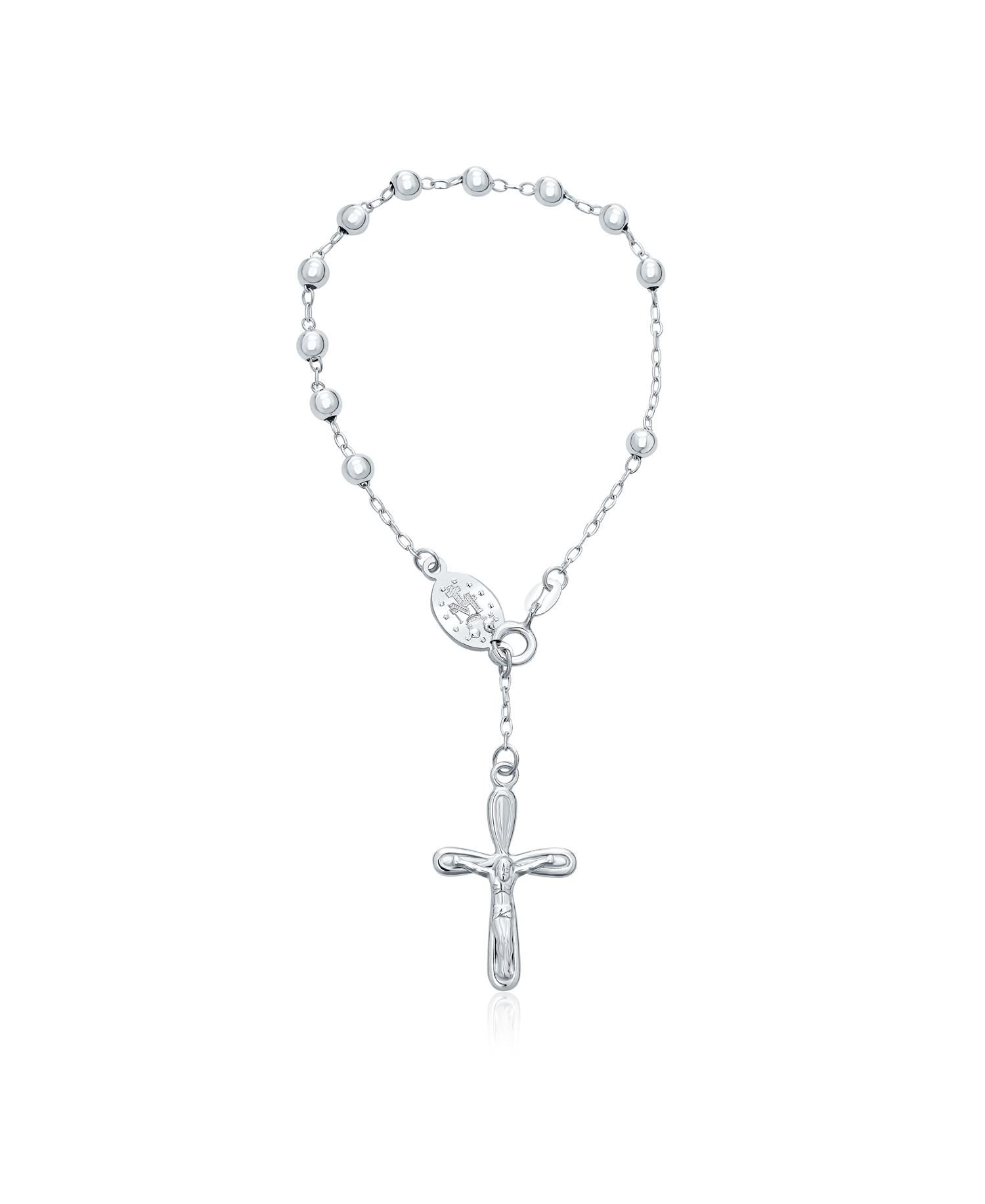 Religious Chain Link Bracelet Jesus Crucifix Virgin Mary Rosary Beads Silver