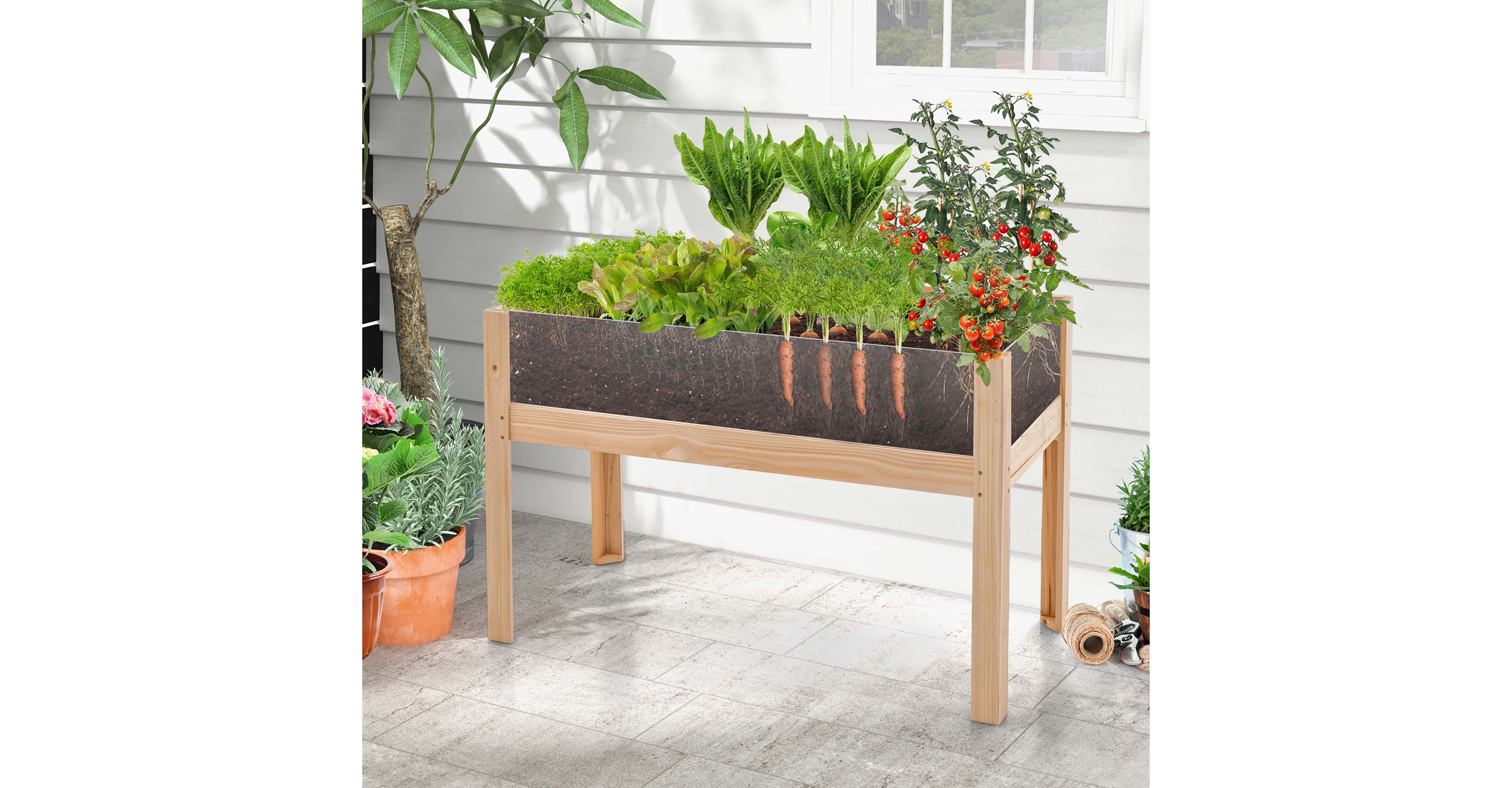 Raised Wooden Garden Bed 24" Elevated Planter Box Plant Terrarium with Drain Holes