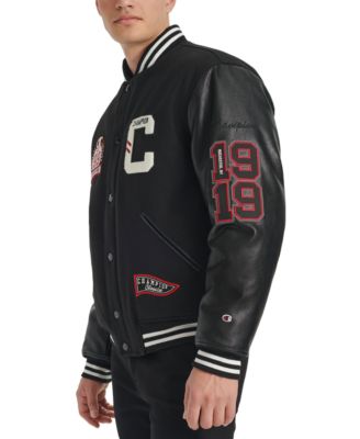 Men's Logo-Patch Mixed-Media Varsity Jacket