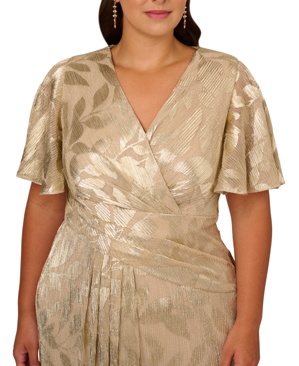 Adrianna Papell Plus Size Foil Leaf Flutter-Sleeve Draped Gown
