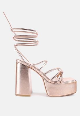 Womens Anvil Metallic Block Heeled Lace Up Sandals