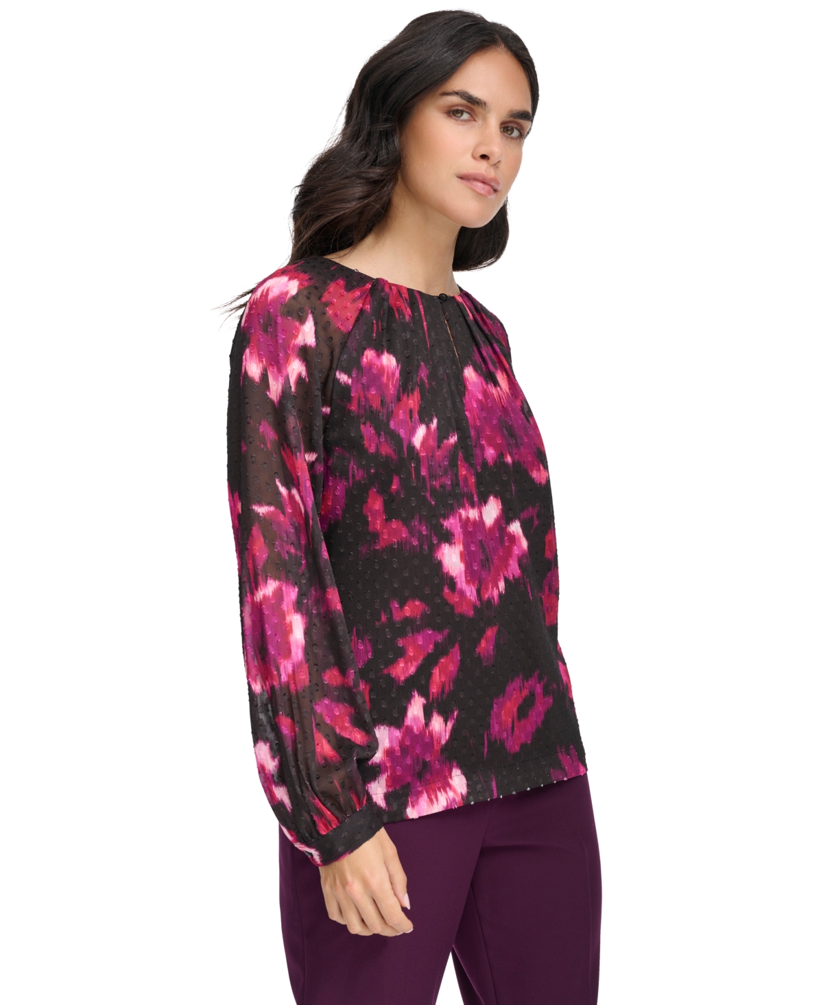Calvin Klein Women's Pleat-Neck Long-Sleeve Blouse