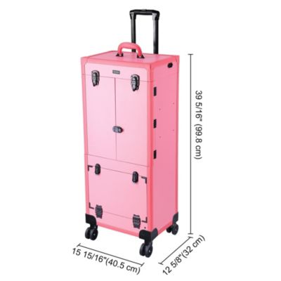 Rolling Makeup Case w/ Lights Mirror Cosmetic Aritist Studio Multi-function Pink