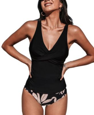 Women's Wrapped Tankini Top and Tropical Mid-Rise Bottoms Set