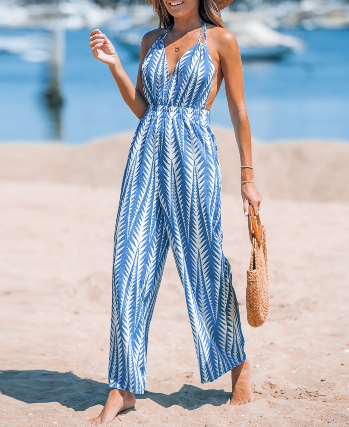 Cupshe Women's Blue Geo Sleeveless Straight Leg Jumpsuit - blue
