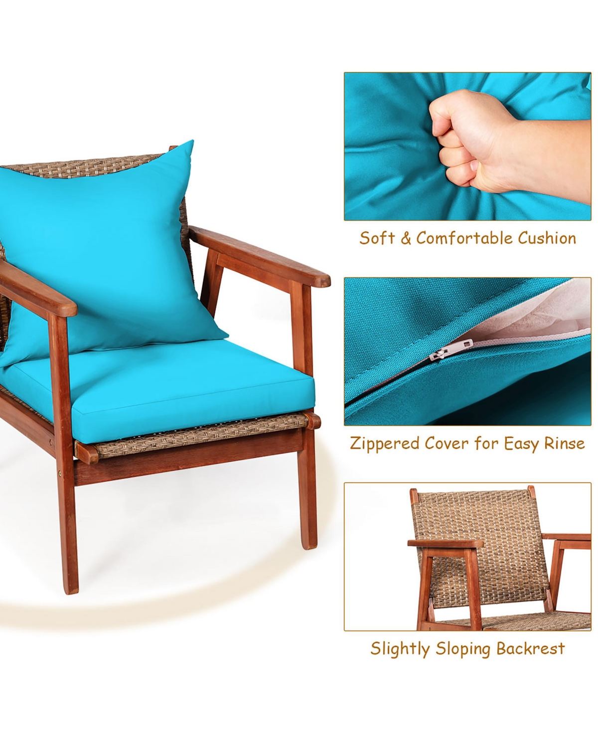 Costway 8PCS Patio Rattan Furniture Set Acacia Wood Frame Cushioned Sofa Chair Turquoise