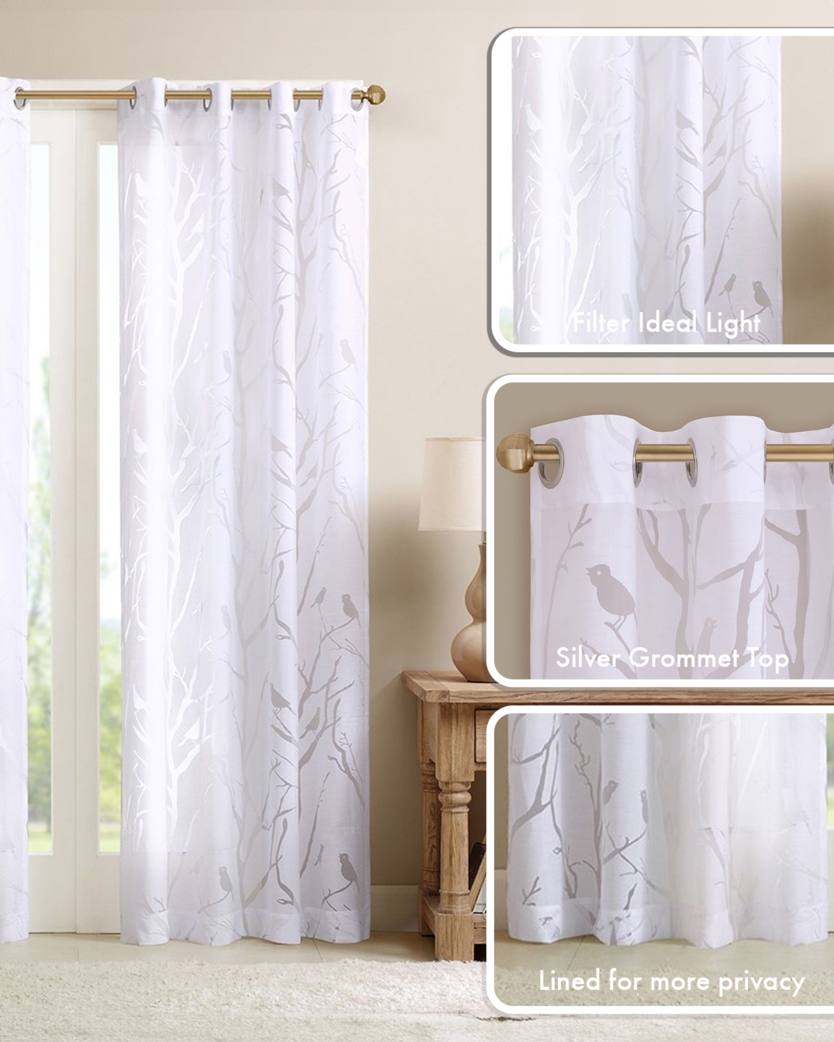 Madison Park Averil Grommet Top Sheer Window Curtain, grey sheer curtains 84 inches long Single Curtain, Width 50 Bird on Branches Burnout curtains sh