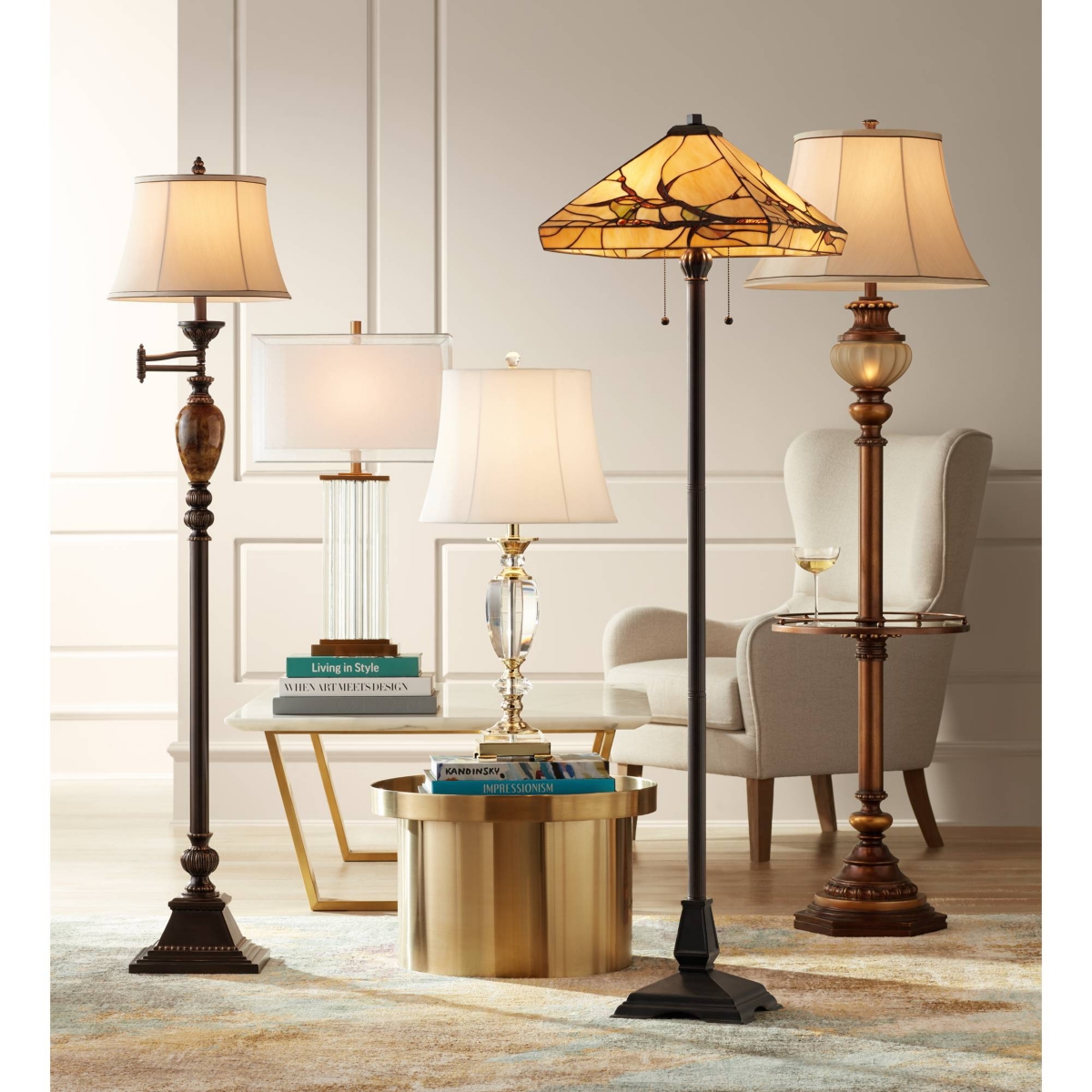 Kathy Ireland Hyde Park Rustic Vintage like Floor Lamp with Nightlight Glass Tray Tall BronzeMetal Pearl White Frosted Glass Fabric Bell Sha