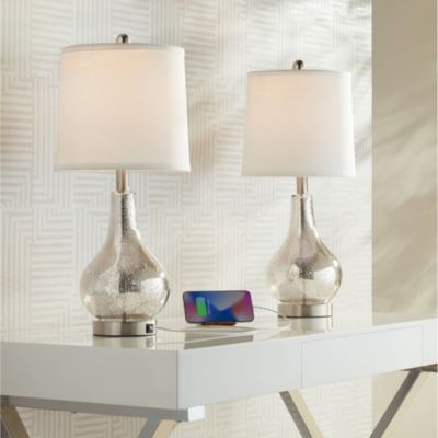 Ledger Modern Accent Table Lamps 21 3/4" High Set of 2 Mercury Glass with USB Charging Port Off-White Drum Shade for Family Office Desk