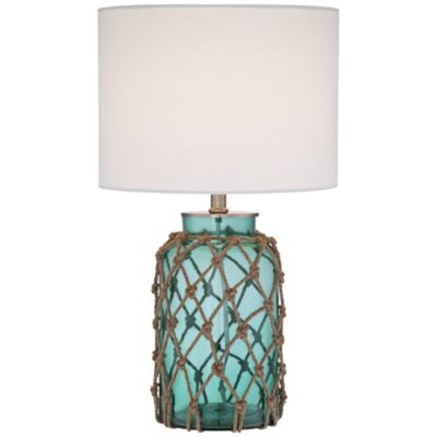 Crosby Coastal Accent Table Lamp 22 1/2" High Blue Green Glass Rope with Table Top Dimmer Off White Drum Shade for Bedroom Living Room