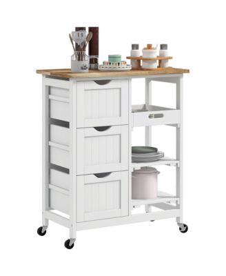 26.5&amp;#x22; Rubberwood, MDF Drawers, Slatted Shelves, Removable Tray, Locking Wheels Bar Serving Cart Rolling Kitchen Cart