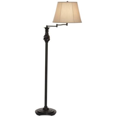 Traditional Swing Arm Floor Lamp 58" Tall Painted Black Bronze Swirl Font Faux Silk Beige Shade for Living Room Reading Office