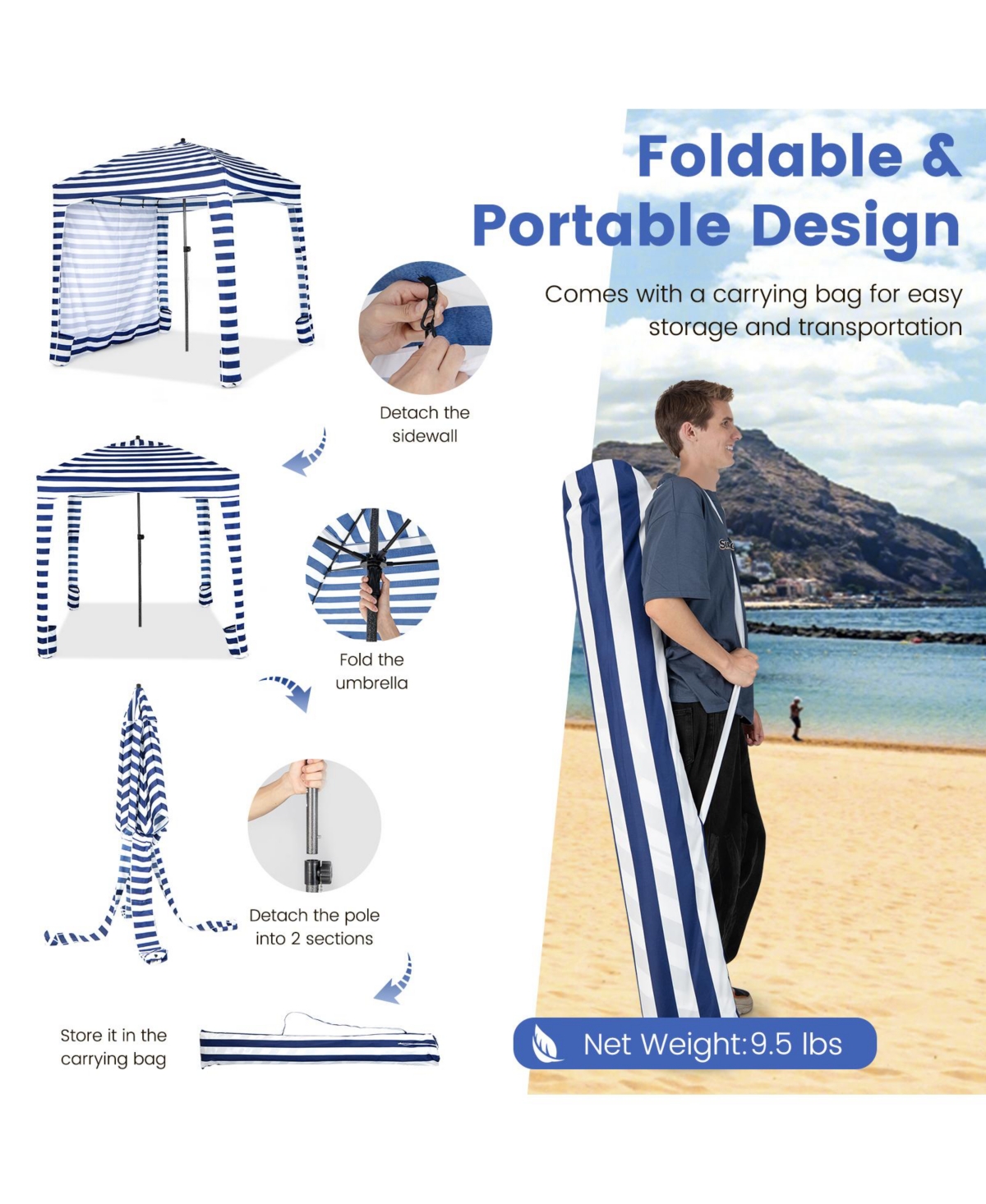 Slickblue 6 x 6 Feet Foldable Beach Cabana Tent with Carrying Bag and Detachable Sidewall