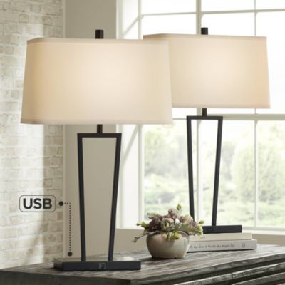 Cole Modern Table Lamps 27" Tall Set of 2 Black Metal with USB Charging Ports White Rectangular Shade for Bedroom Living Room Bedside