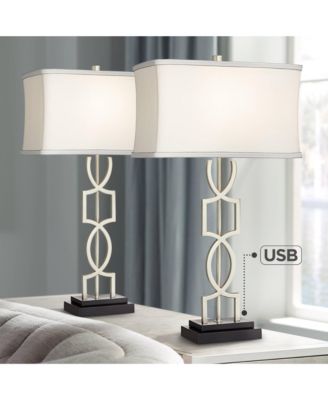 Evan Modern Table Lamps 28 1/2" Tall Set of 2 Brushed Nickel with USB Charging Port White Rectangular Shade for Bedroom Living Room House