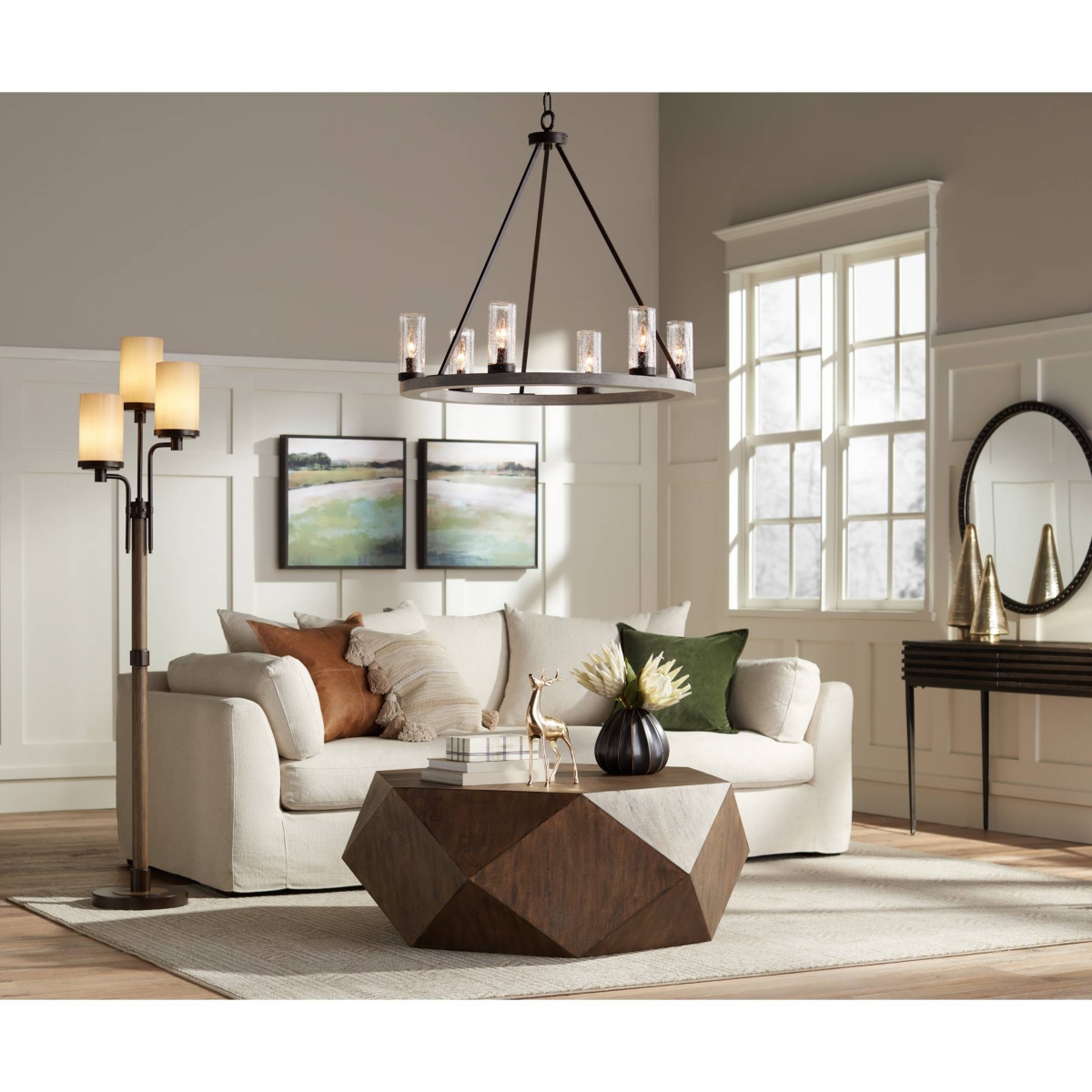 Franklin Iron Works Astoria Rustic Farmhouse Industrial Standing Floor Lamp Tree 3-Light Tall Bronze Faux Wood Faux Tea Alabaster Glass for Living