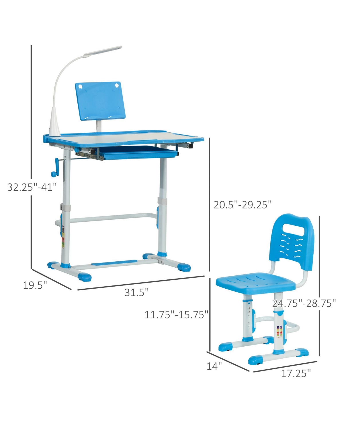 Qaba Kids Desk and Chair Set, Height Adjustable School Study Table and Chair, Student Writing Desk with Tilt Desktop, Led Lamp, Pen Box, Drawer, Readi