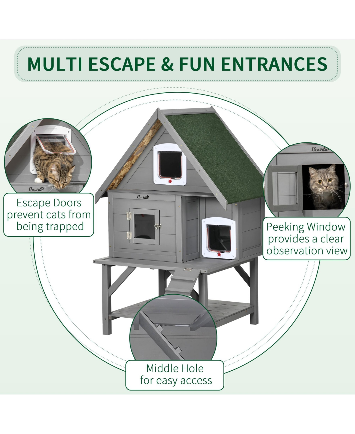 PawHut 3-Story Outdoor Cat House Weatherproof Roof, Wooden Outdoor Cat Shelter with Fun Design, Stuff for Cat Gifts, Catio Outdoor Cat Enclosure