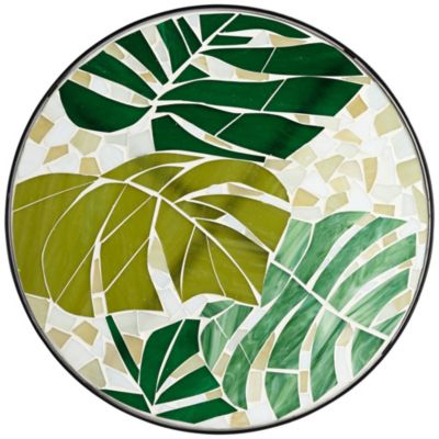 Modern Black Metal Round Outdoor Accent Side Table 14" Wide Green Leaf Mosaic Tabletop for Front Porch Patio Home House