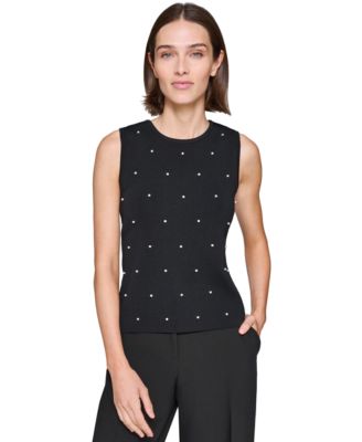 KARL LAGERFELD PARIS - Women's Round-Neck Faux-Peal Sleeveless Sweater Top