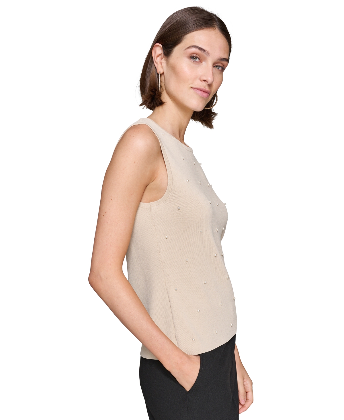 Karl Lagerfeld Women's Round-Neck Faux-Peal Sleeveless Sweater Top