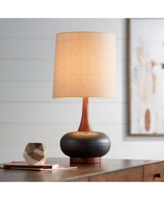 Andi Mid Century Modern Table Lamp 24.5" High Hammered Bronze Ceramic Wood Off White Tall Drum Shade for Living Room Bedroom House Bedside Nightstand Home Office (Color May Vary)