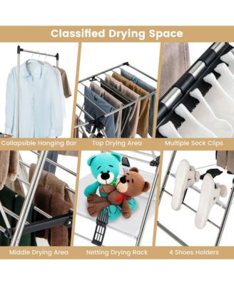 2-Layer Stainless Steel Foldable Drying Rack w/ Hanging Bar & 2 Height-adjustable Wings