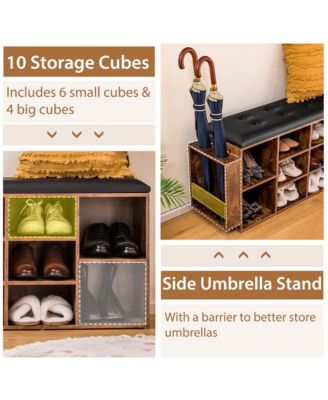 Wooden Shoe Bench 10-Cube Storage Organizer with Padded Cushion &amp; Umbrella Holder