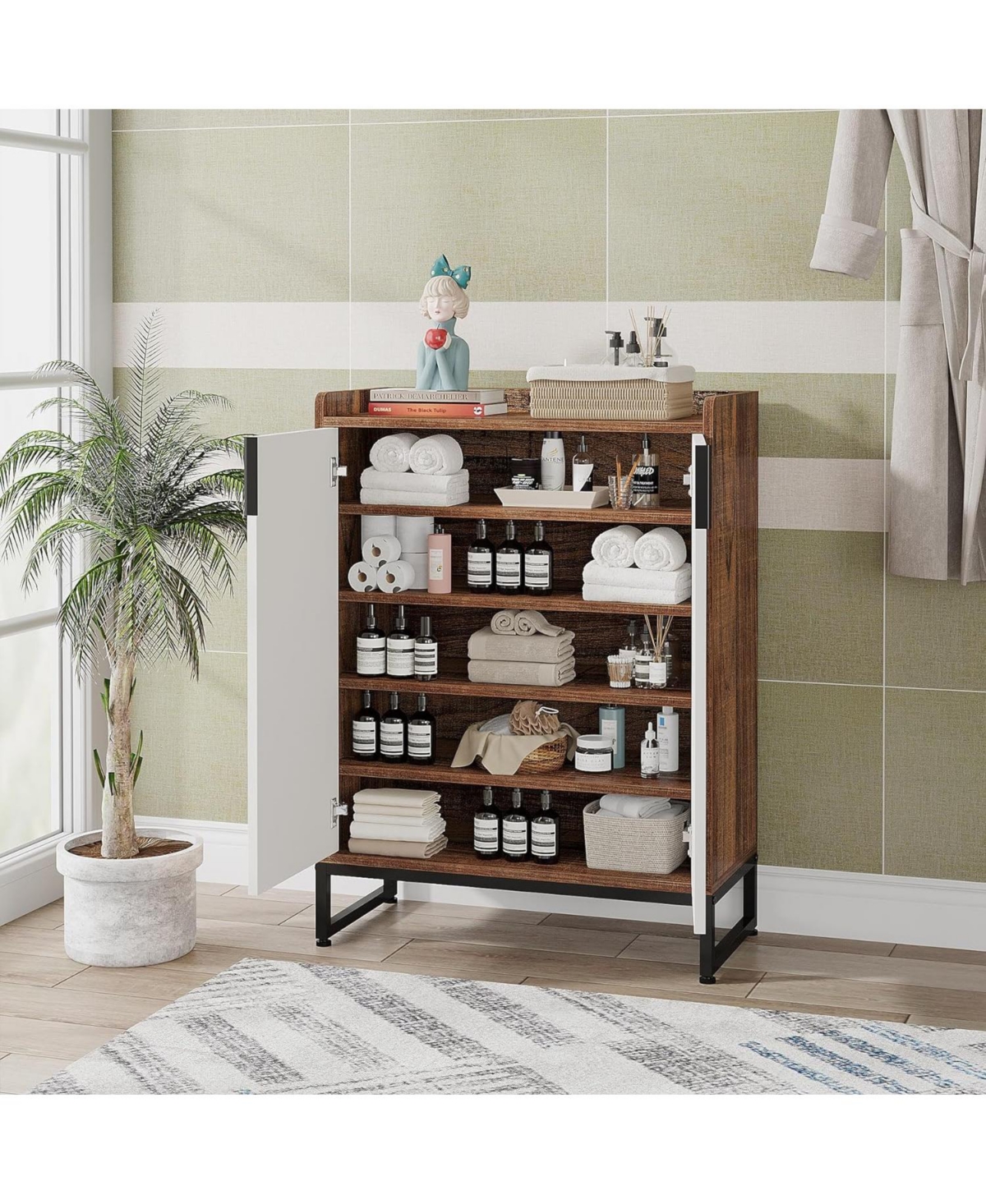 Tribesigns 25 Pair Shoe Cabinets with Doors, 5-tier Modern Rack Organizer Cabinet, Freestanding Wood Storage Cabinet for Bedroom Hallway Living R