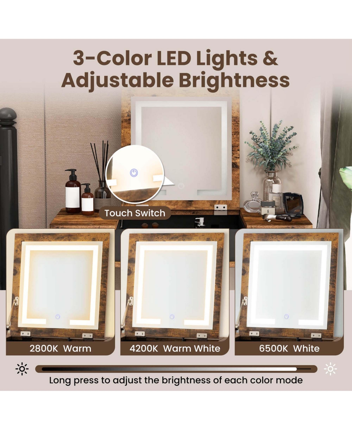 Costway Vanity Table Set Flip Top Mirror Lights Usb Port Cushioned Stool