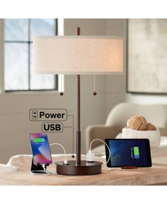 Modern Accent Table Lamp with USB and AC Power Outlet 23 1/2" High Bronze Fabric Drum Shade for Bedroom Living Room House Desk Bedside