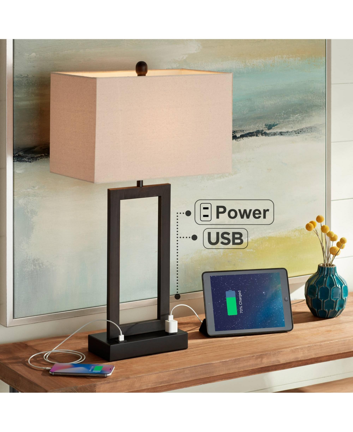 360 Lighting Todd Modern Table Lamp 30" Tall Bronze Rectangular with Usb and Ac Power Outlet in Base Oatmeal Fabric Shade for Living Room Office