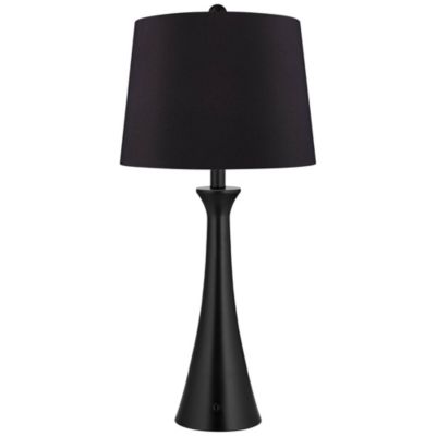 Karl Modern Table Lamps 28 1/4" Tall Set of 2 Black Metal with USB and AC Power Outlet in Base Faux Silk Shade for Bedroom House Home