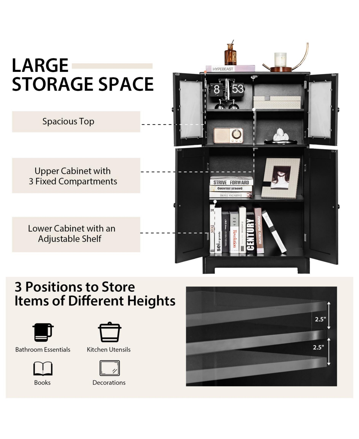 Costway Bathroom Floor Storage Cabinet Kitchen Cupboard w/Doors&Adjustable Shelf