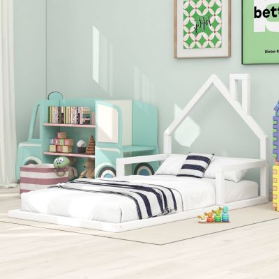 Streamdale Twin Size Wood Floor Bed With House-Shaped Headboard