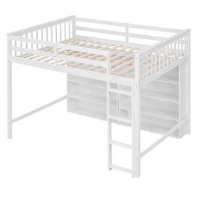 Full Size Loft Bed With 8 Open Storage Shelves And Builtin Ladder