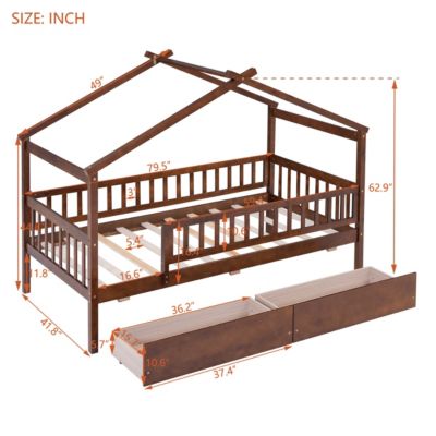 Twin Size Wooden House Bed With Two Drawers, Walnut