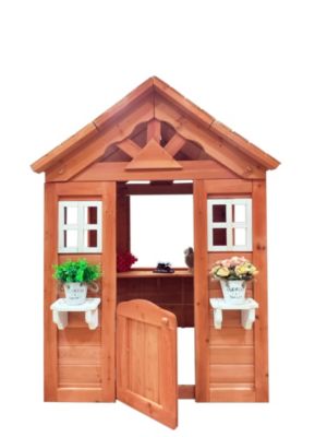 All Wooden Kids Playhouse With 2 Windows And Flower Pot Holder, 42"L x 46"W x 55" H