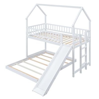Twin Over Full House Bunk Bed With Slide And Built-In Ladder, Full-Length Guardrail