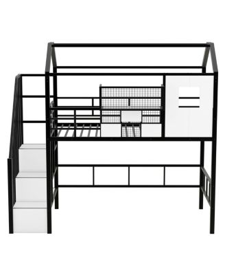 Metal Loft Bed With Roof Design And A Storage Box, Twin