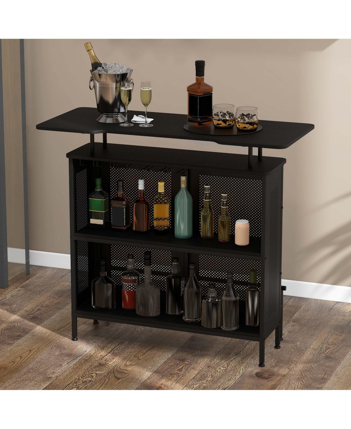 Costway 4-Tier Metal Home Bar Unit Liquor Bar Table with Storage Shelves & Glass Holders